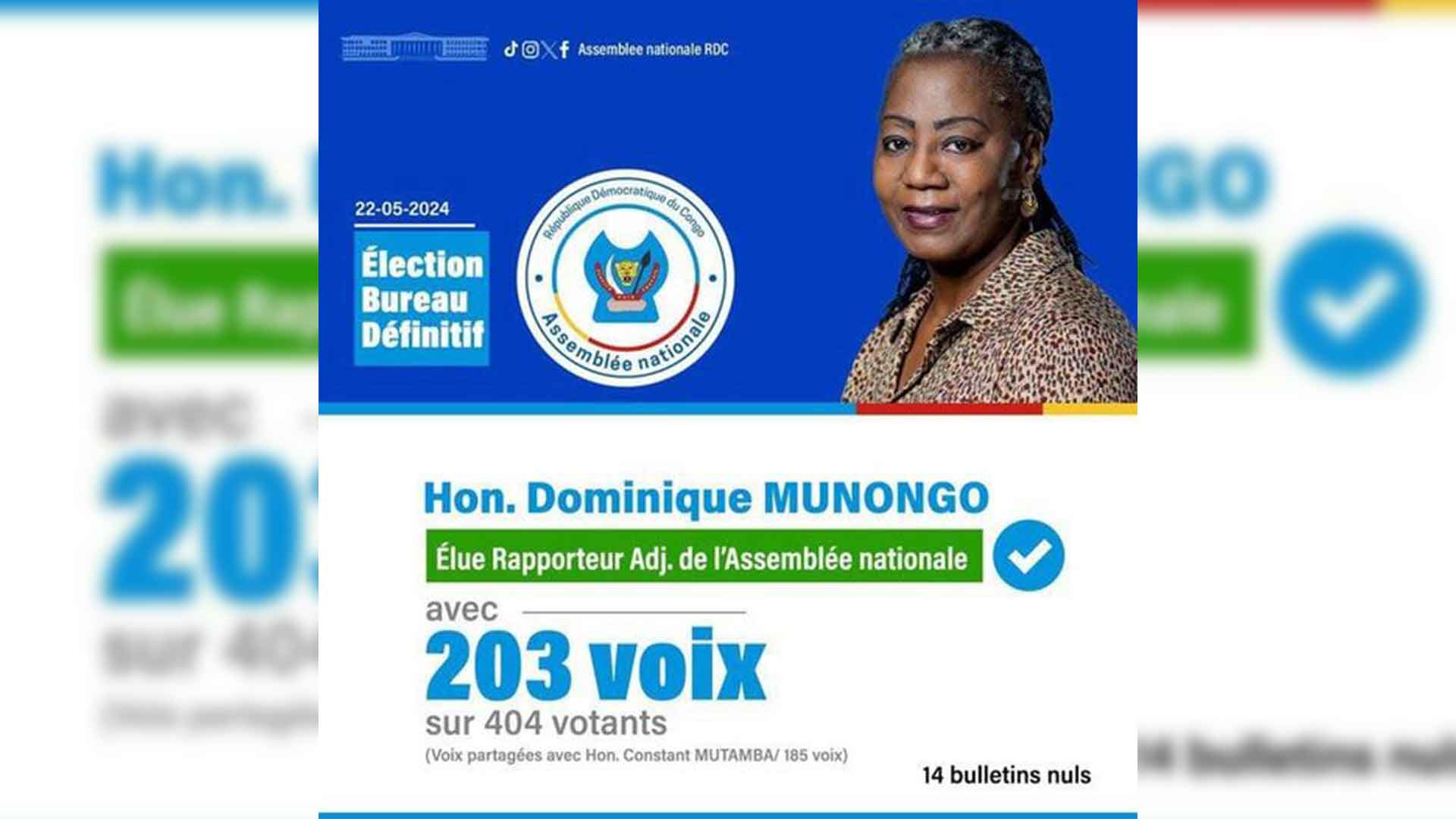 RDC : Avec 203 voix sur 404 votants, L’Honorable (Princesse) Dominique Munongo Inamizi élue rapporteur adjoint de l’Assemblée nationale